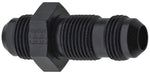 Black STR-style #16 bulkhead fitting with hex nut and threaded barbed ends on white background