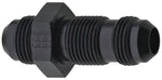 Black STR-style #16 bulkhead fitting with hex nut and threaded barbed ends on white background