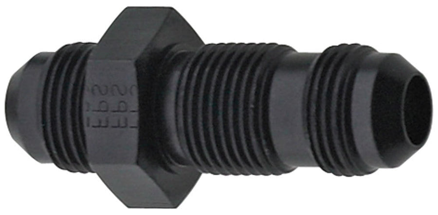 Black STR-style #16 bulkhead fitting with hex nut and threaded barbed ends on white background