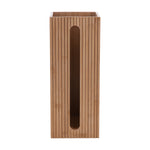 Straight-on studio shot of a ribbed bamboo toilet paper reserve showing an empty interior through the vertical front slot