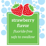 Graphic label with two strawberries and text indicating strawberry flavor and fluoride-free message