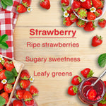 Wooden tabletop infographic with fresh strawberries and text describing strawberry scent notes