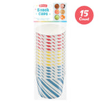 Tall stack of striped disposable paper snack cups with a product header card and a circular 15 count badge