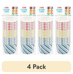 Four vertical stacks of striped disposable paper snack cups in blue, yellow and red, shown with packaging headers