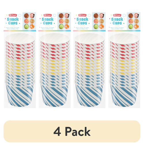 Four vertical stacks of striped disposable paper snack cups in blue, yellow and red, shown with packaging headers