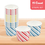 Stack of striped paper snack cups in red, yellow and blue next to two single cups on a wooden surface with "15 Count Stripe Set" label