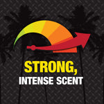 Bold infographic graphic with a meter icon and text reading Strong, Intense Scent on textured dark background