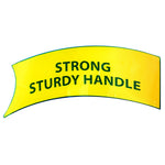 Yellow curved graphic reading 'STRONG STURDY HANDLE' on a white background, likely packaging callout