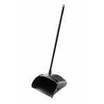 Studio product shot of a black long-handled upright dustpan angled against a white background.