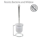Studio image of chrome-handled toilet brush seated in a frosted plastic holder on a chrome stand with simple iconography