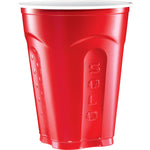 Studio shot of a single red Solo squared party cup showing grip panels and rim