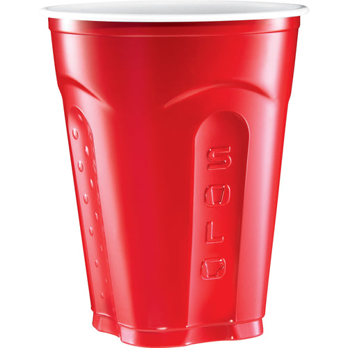 Studio shot of a single red Solo squared party cup showing grip panels and rim