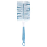 Top-down studio shot of a blue disposable duster head attached to a white and blue handle on a white background