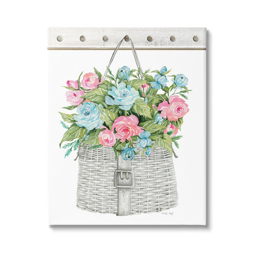 Watercolor-style canvas print of a woven basket overflowing with blue and pink roses on a white background.