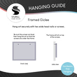 Hanging guide graphic from Stupell Home Decor explaining how to hang a framed giclée with front and side view illustrations and a 'hardware free hanging' badge.