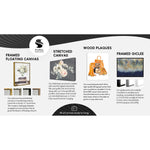 Informational product graphic showing framed floating canvas, stretched canvas, wood plaques and framed giclée options