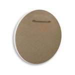 Back view of a round wall plaque showing plain brown backing with a horizontal hanging slot