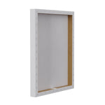 Rear view of a stretched canvas frame showing staples and the inner wooden stretcher bar on a white background