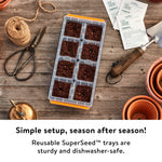 Styled overhead shot of a Burpee SuperSeed tray filled with soil on a wooden table surrounded by gardening tools and seed packets