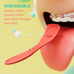 Close-up stylized mouth using a red disposable tongue cleaner with text promoting disposability and freshness on a pale yellow background.
