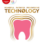 Stylized tooth graphic beneath the headline 'Powerful Patented Preventative Technology' in gold and pink