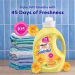 Suavitel Morning Sun bottle arranged beside a neat stack of folded towels and yellow flowers with text about 45 days of freshness.