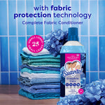 Suavitel Field Flowers bottle staged with folded towels and hydrangea flowers, promotional text about fabric protection.