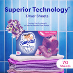 Suavitel Complete lavender dryer sheets box styled on folded purple towels with 'Superior Technology' headline above.