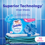 Suavitel Complete Field Flowers dryer sheets box displayed on folded towels with tiled blue background and 'Superior Technology' headline.