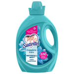 Teal Suavitel Complete Care bottle labeled Waterfall Mist fabric conditioner with floral label and handle on white background.