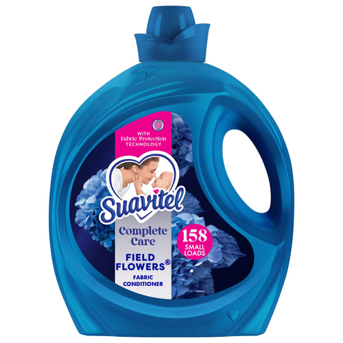 Front-facing blue Suavitel Complete fabric conditioner bottle with field flowers label and handle