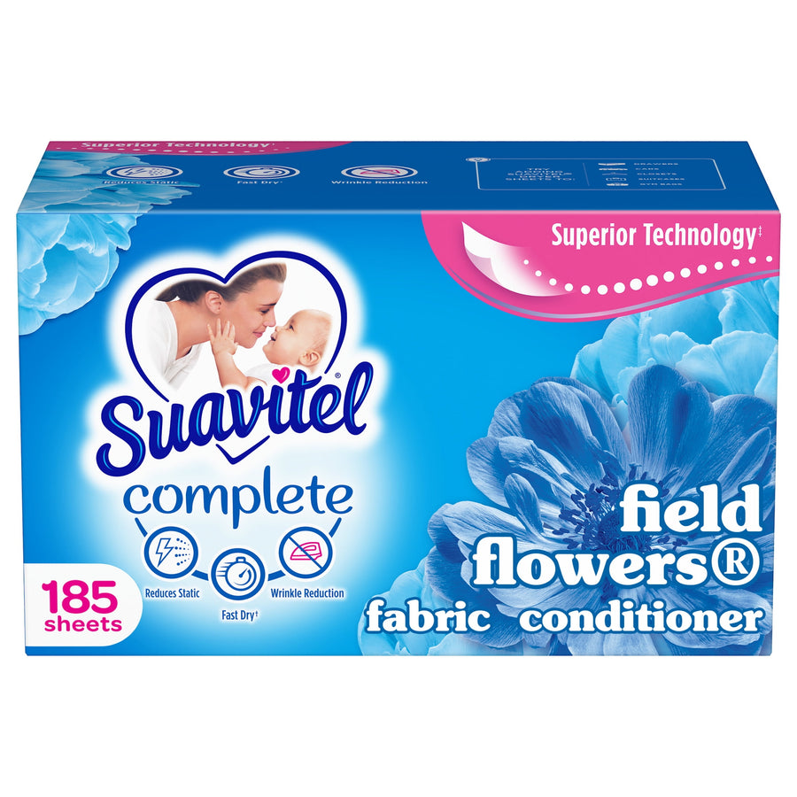 Blue Suavitel Complete Field Flowers dryer sheets box showing brand logo, floral graphic and 185 sheets callout