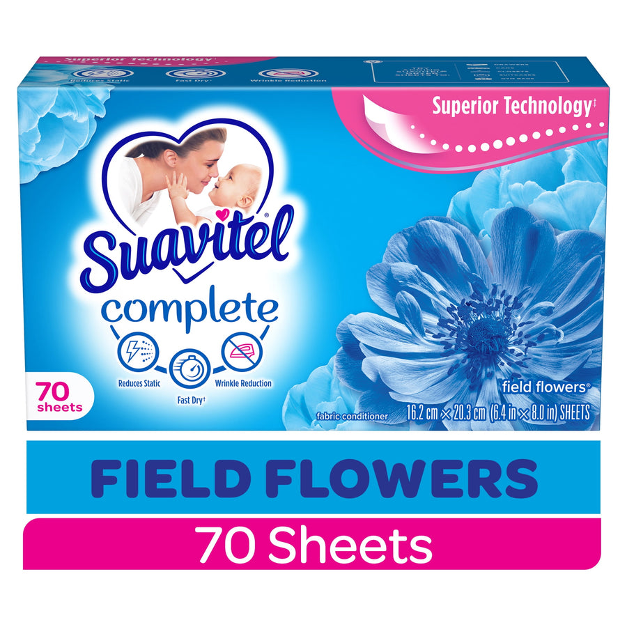 Suavitel Complete Field Flowers dryer sheets retail box with blue floral art and brand logo on white background.