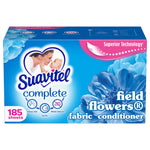 Suavitel Complete Field Flowers fabric conditioner dryer sheets box with blue floral artwork and branding, showing 185 sheets callout.