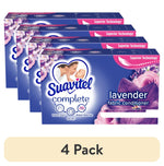 Four-box pack of Suavitel Complete lavender fabric conditioner dryer sheets arranged in staggered rows with floral graphics.