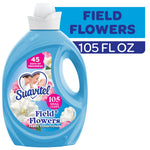 Close-up of a blue Suavitel Field Flowers fabric conditioner bottle with label artwork and a blue banner reading field flowers.