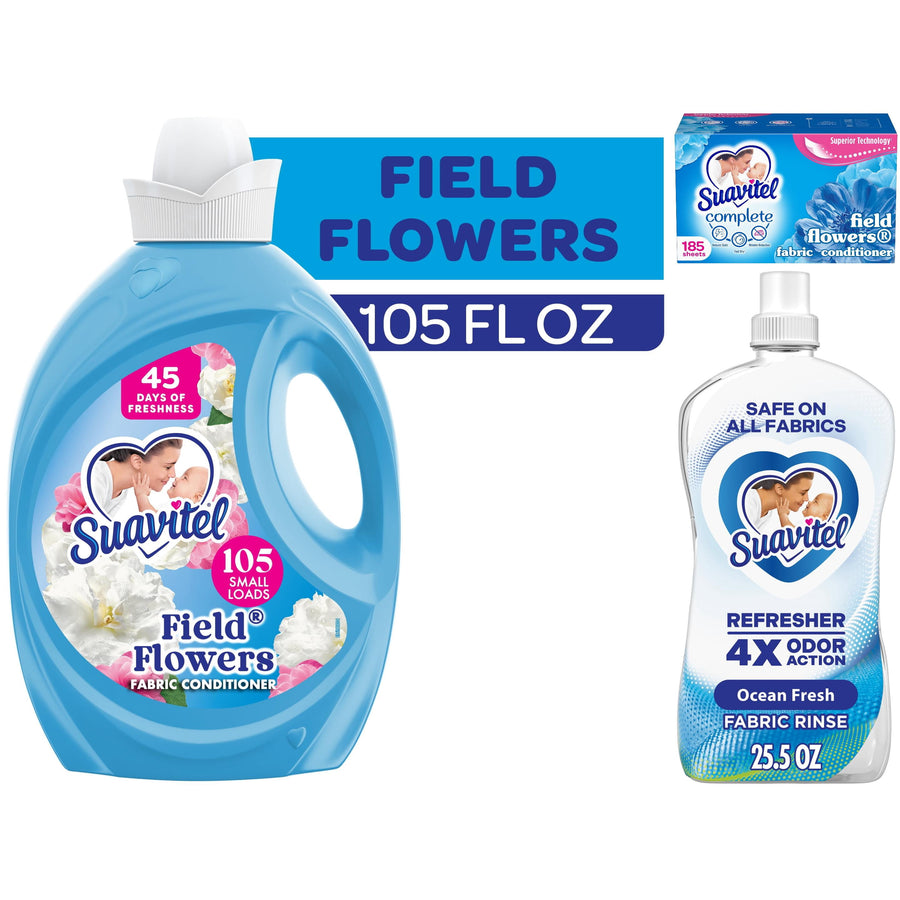Composite image showing a Suavitel Field Flowers blue fabric conditioner jug next to a small Suavitel Ocean Fresh rinse bottle and dryer sheet box.
