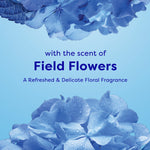 Blue-toned floral graphic reading ‘with the scent of Field Flowers’ and descriptive copy on a light blue background