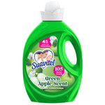 Front-facing Suavitel green apple fabric conditioner bottle with label showing 45 days of freshness and 105 small loads