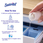 Instruction panel showing 'How To Use' Suavitel with illustration and a hand pouring product into a dispenser