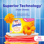 Box of Suavitel Morning Sun dryer sheets on folded towels with flowers and headline ‘Superior Technology’ and ‘70 Sheets’ callout