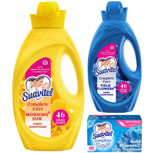 Three-piece Suavitel bundle photo showing yellow Morning Sun and blue Field Flowers liquid fabric softener bottles plus a Field Flowers dryer sheet box
