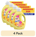 Four yellow Suavitel Morning Sun fabric conditioner bottles arranged with a '4 Pack' label and 105 fl oz callout.