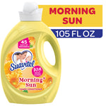 Single yellow Suavitel Morning Sun fabric conditioner bottle showing front label and 105 fl oz callout on white background.