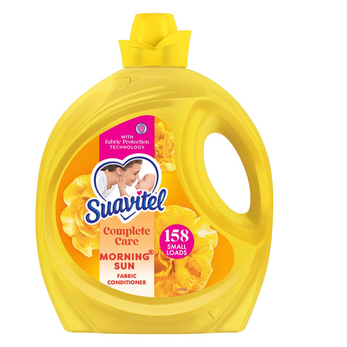 Yellow Suavitel Complete Care Morning Sun fabric conditioner bottle with handle and label