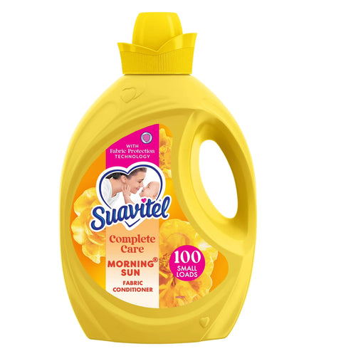 Bright yellow Suavitel Complete Care Morning Sun fabric conditioner bottle with label and built-in handle