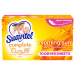 Bright yellow Suavitel Complete Morning Sun fabric conditioner dryer sheets box with floral artwork and mother-baby logo