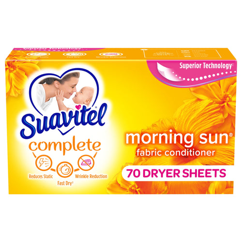 Bright yellow Suavitel Complete Morning Sun fabric conditioner dryer sheets box with floral artwork and mother-baby logo