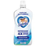 Clear Suavitel Ocean Fresh fabric rinse bottle with heart logo and blue label stating refresher 4X odor action and fabric rinse.