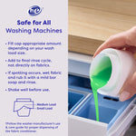 Instructional graphic showing pouring green liquid from a cap into a washer dispenser with usage text